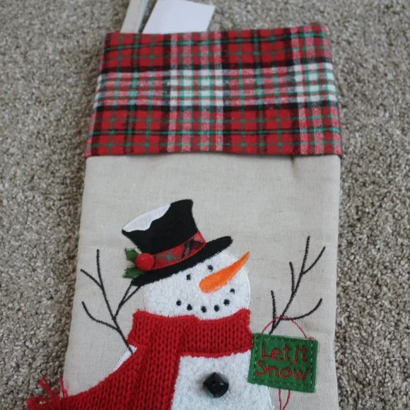 Hobby Lobby Country Snowman Christmas Stocking Bells Plaid Tan Let it Snow NWT - Picture 3 of 5